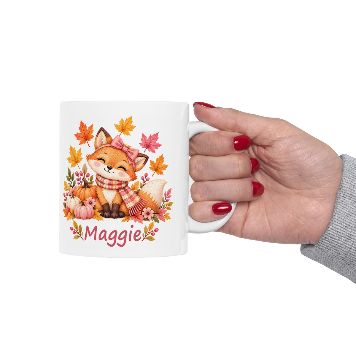 Fall Fox Mug for Kids, Custom Name Autumn Leaves Cup