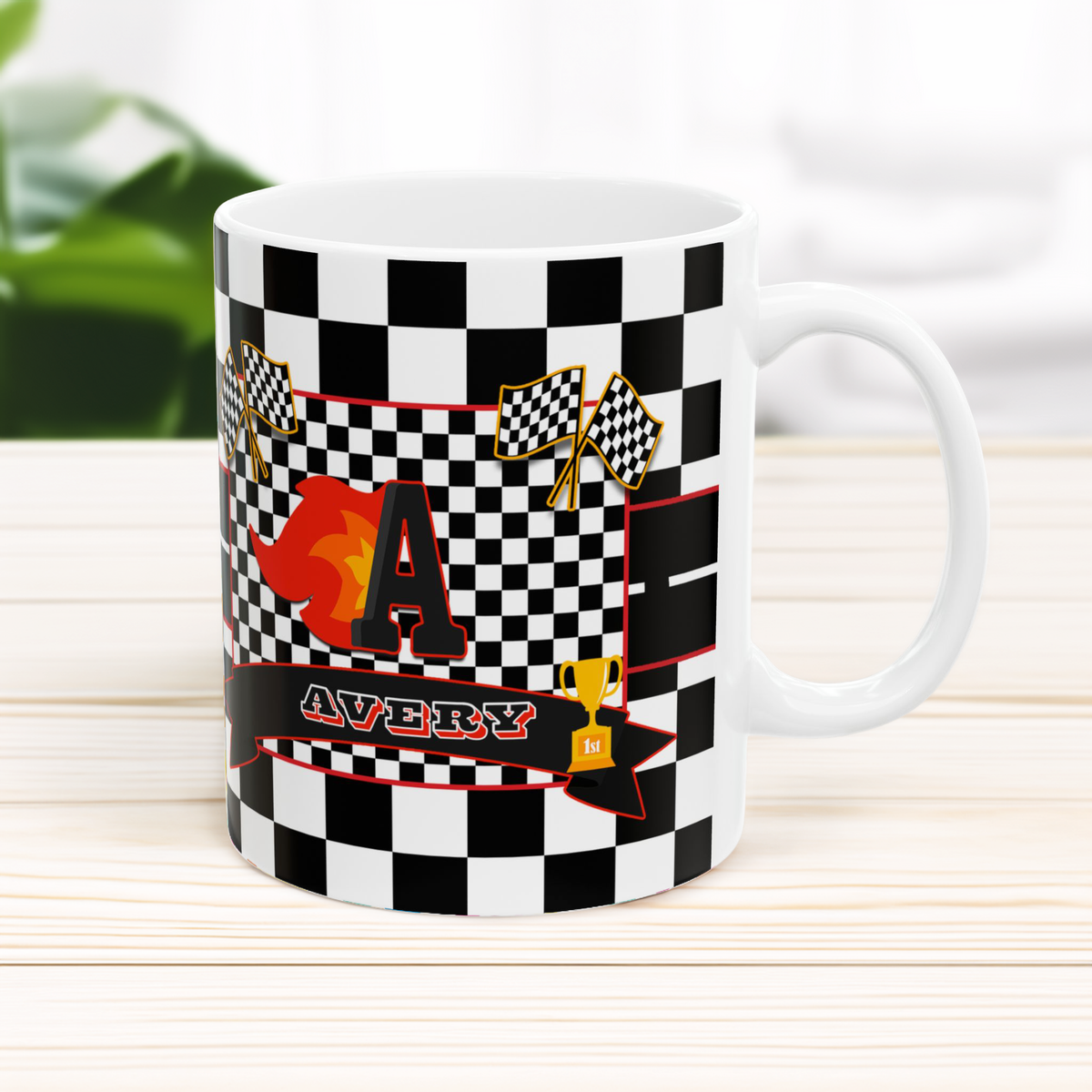 Mug with checkered pattern, racing theme, and personalized name