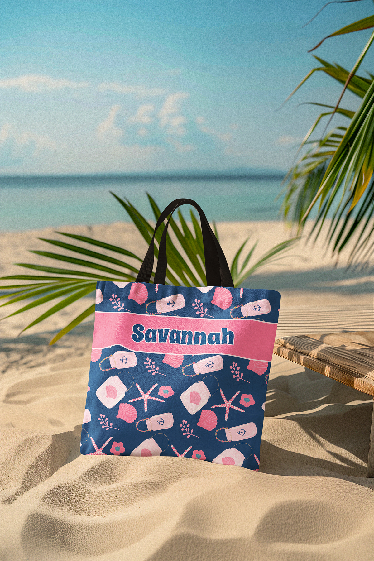 Nautical Tote Bag, Pink & Navy Seashells