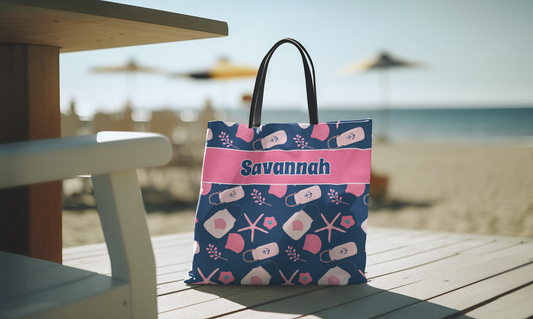 Nautical Tote Bag, Pink & Navy Seashells