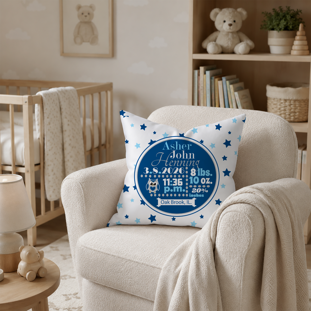 Personalized Baby Boy Birth Stats Pillow, Owl