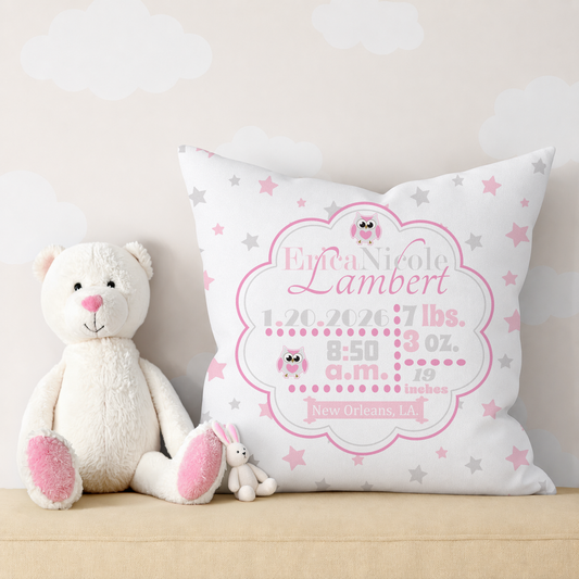 Personalized Baby Girl Birth Stats Pillow, Owl