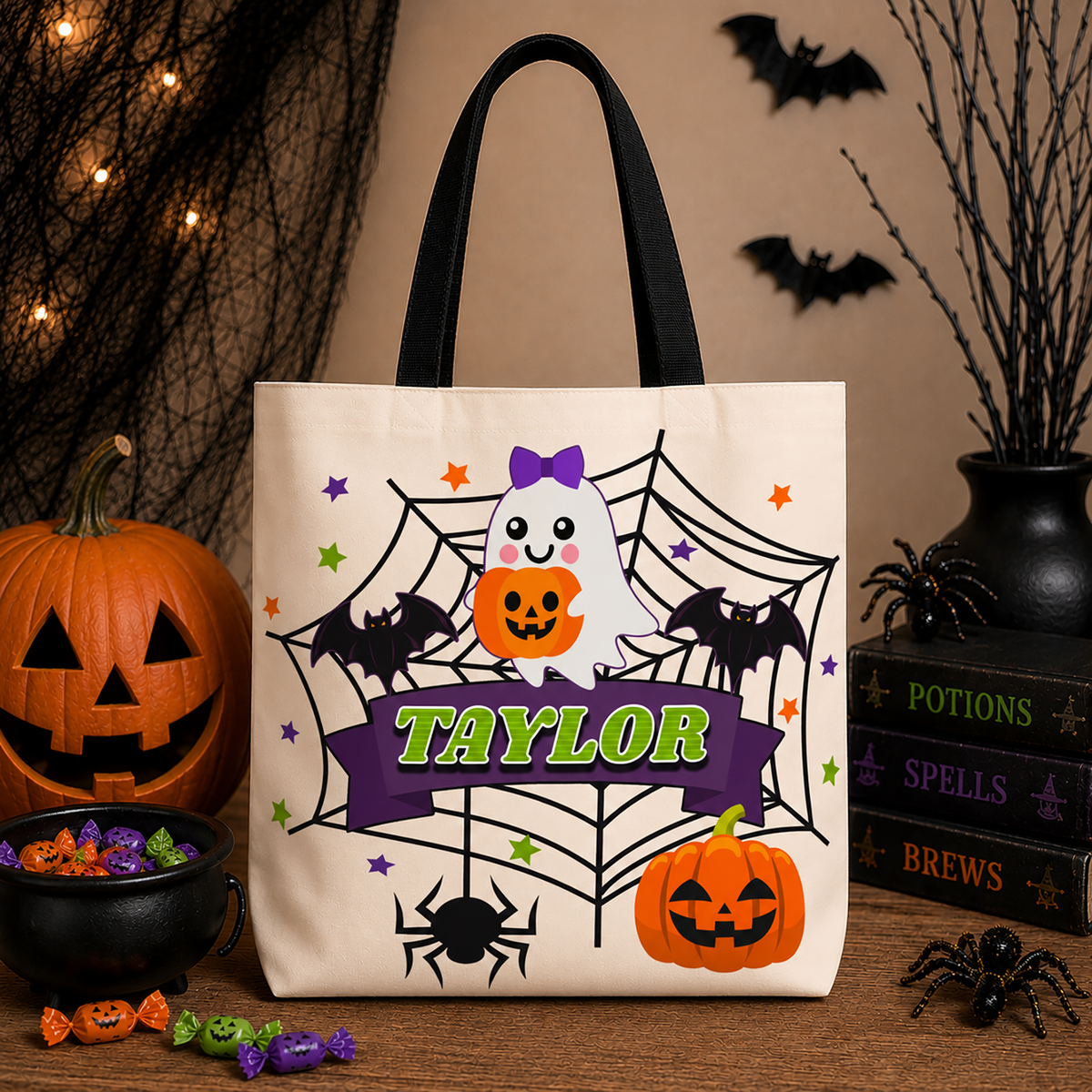 Personalized Halloween Tote — Cute Ghost & Pumpkins Trick-or-Treat Bag