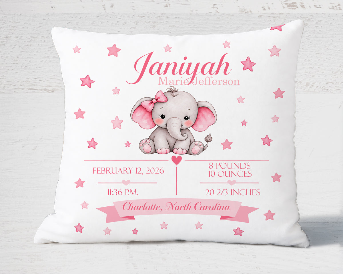 Baby Birth Stats Pillow — Pink Watercolor Bear Personalized Birth Announcement