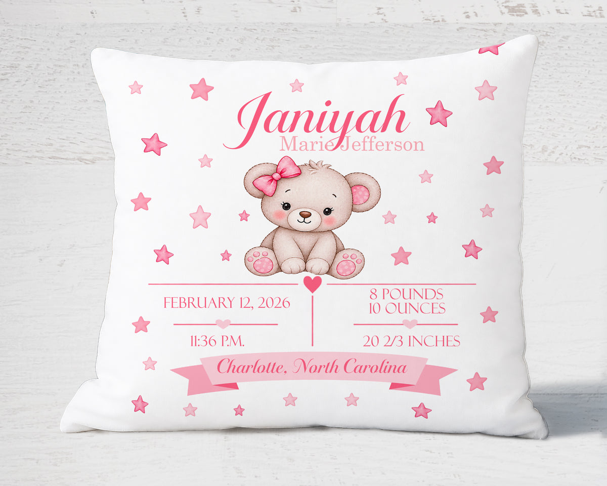 Baby Birth Stats Pillow — Pink Watercolor Bear Personalized Birth Announcement