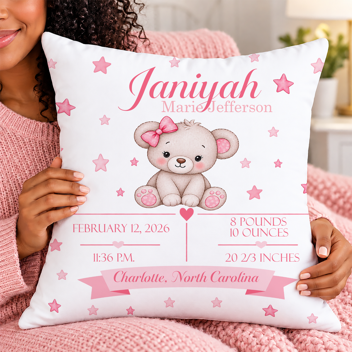 Baby Birth Stats Pillow — Pink Watercolor Bear Personalized Birth Announcement