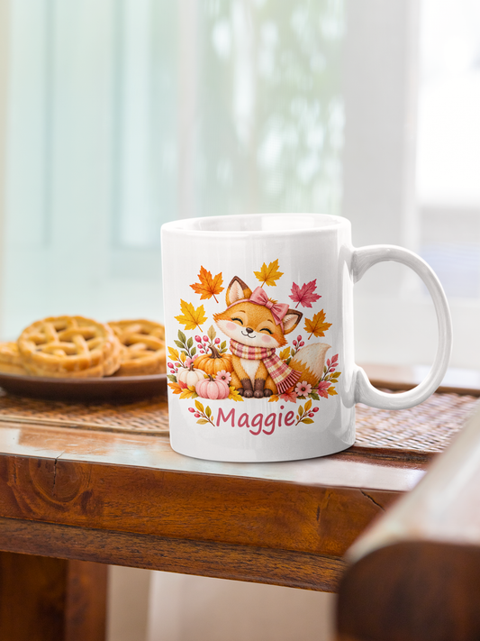 Fall Fox Mug for Kids, Custom Name Autumn Leaves Cup