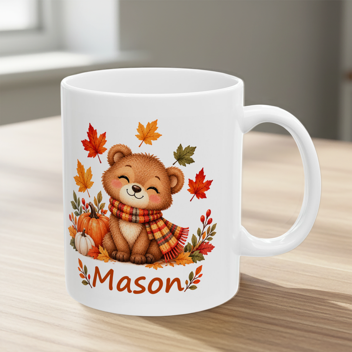 Personalized Fall Bear Mug for Kids – Custom Name Autumn Leaves Mug