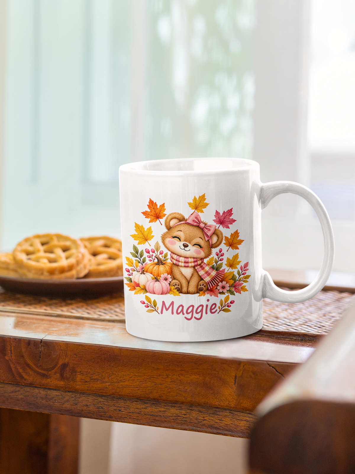 Custom Name Autumn Leaves Mug – Personalized Fall Bear Mug for Kids