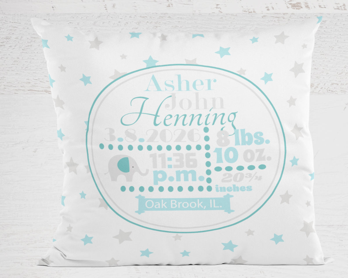 Personalized Baby Boy Birth Stats Pillow, Elephant