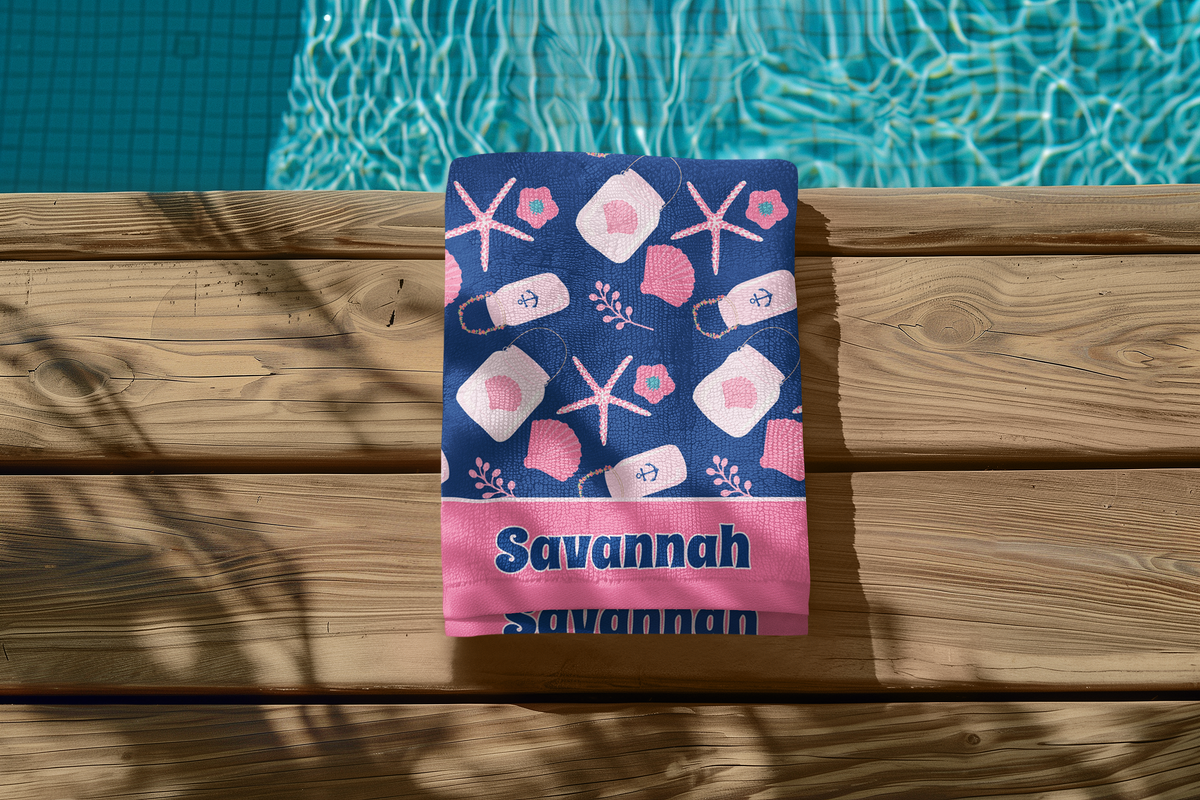 Nautical Beach Towel, Pink & Navy Seashells