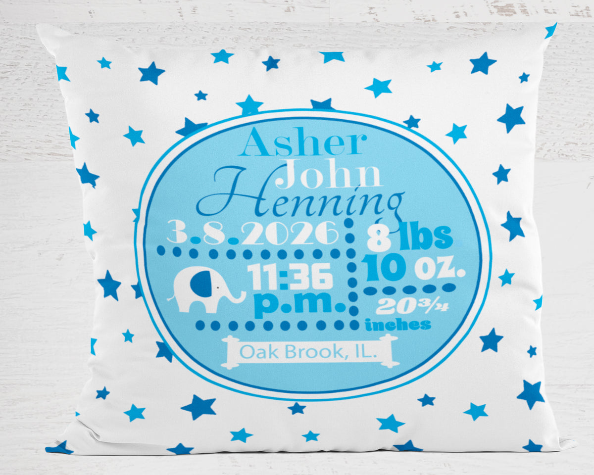 Personalized Baby Boy Birth Stats Pillow, Elephant