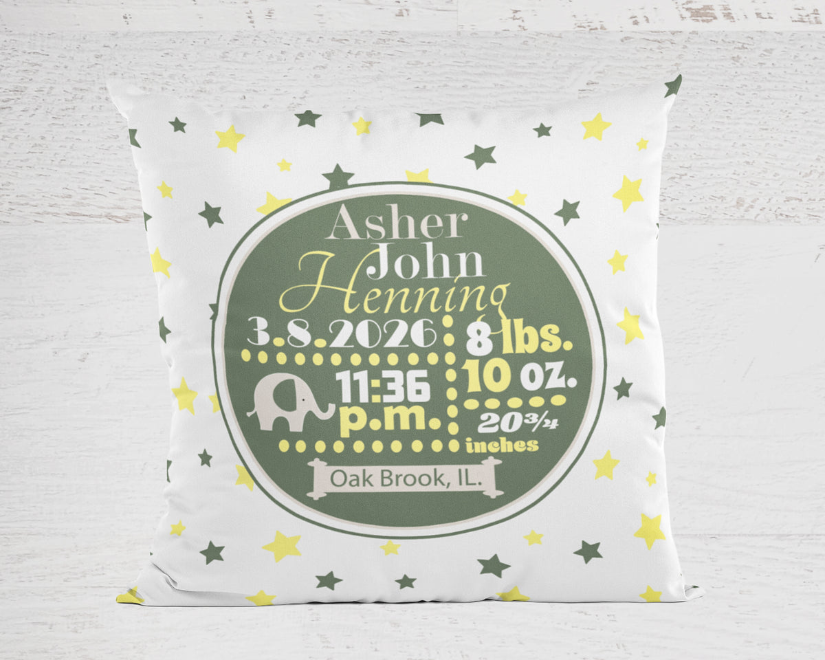 Personalized Baby Boy Birth Stats Pillow, Elephant