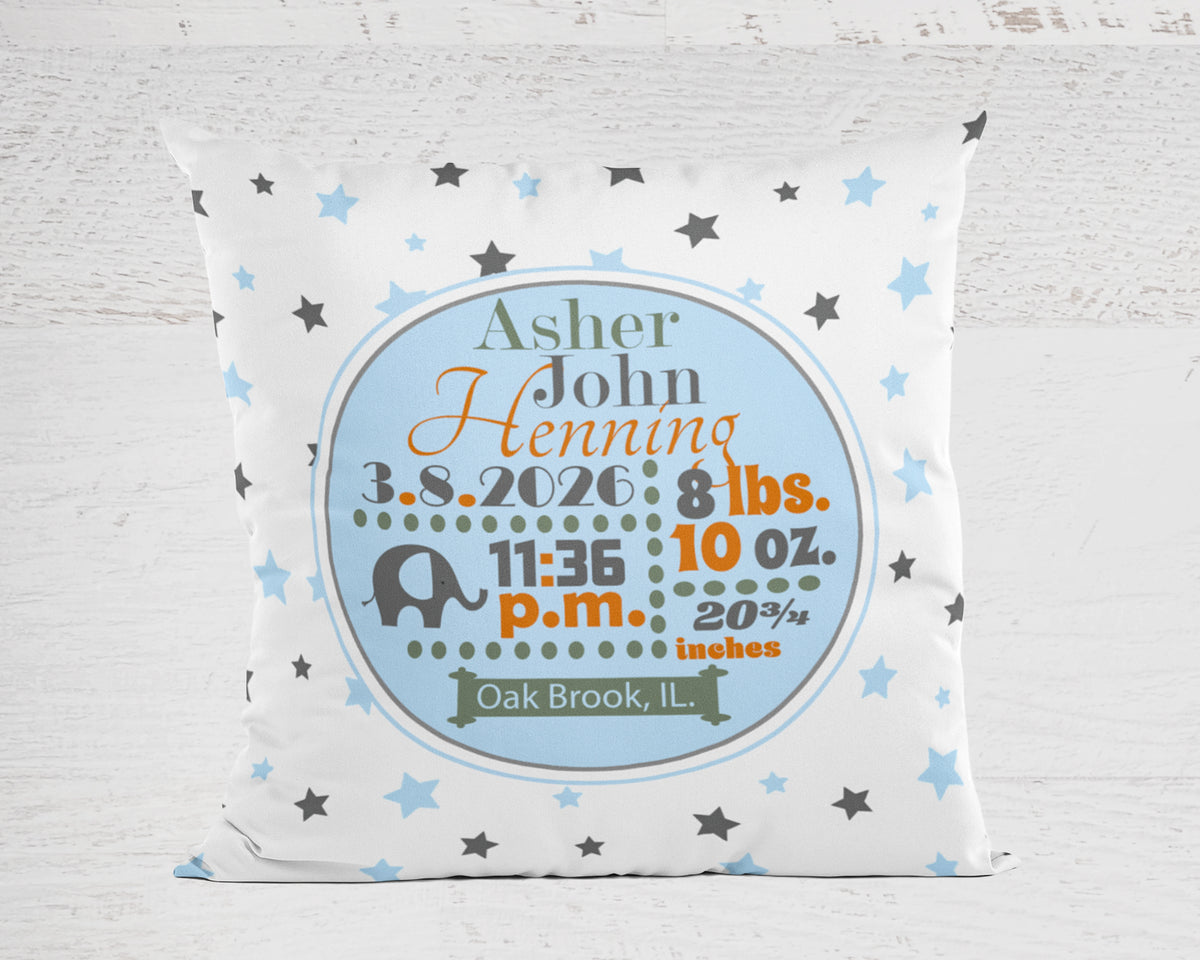 Personalized Baby Boy Birth Stats Pillow, Elephant