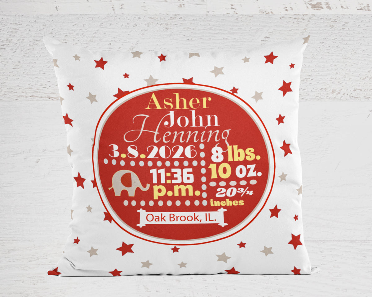 Personalized Baby Boy Birth Stats Pillow, Elephant