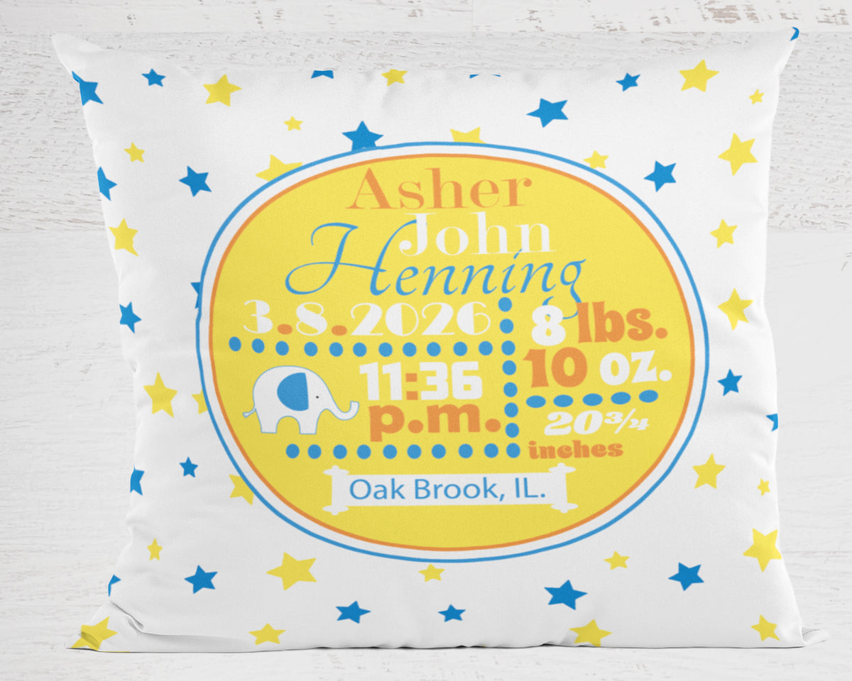 Personalized Baby Boy Birth Stats Pillow, Elephant