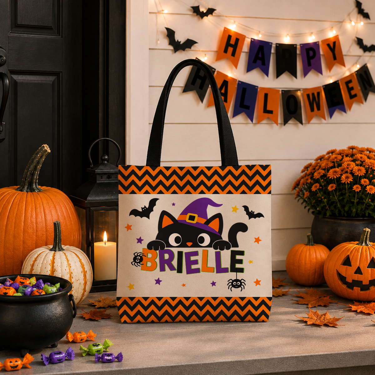 Personalized Halloween Cat Tote Bag — Custom Name Trick-or-Treat Bag