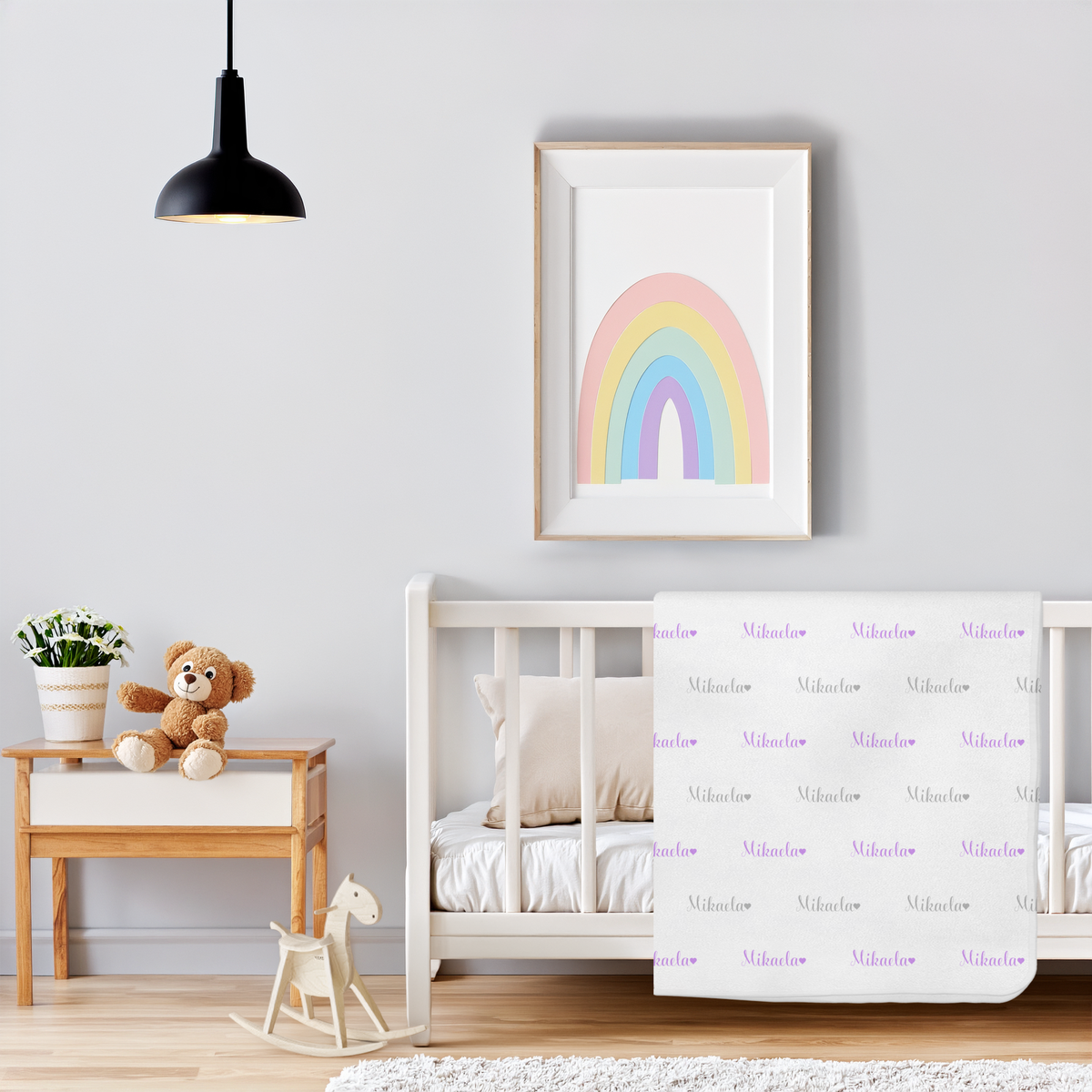 Newborn Name Blanket, Sweet Heart Baby Girl, White/Lavender/Soft Gray