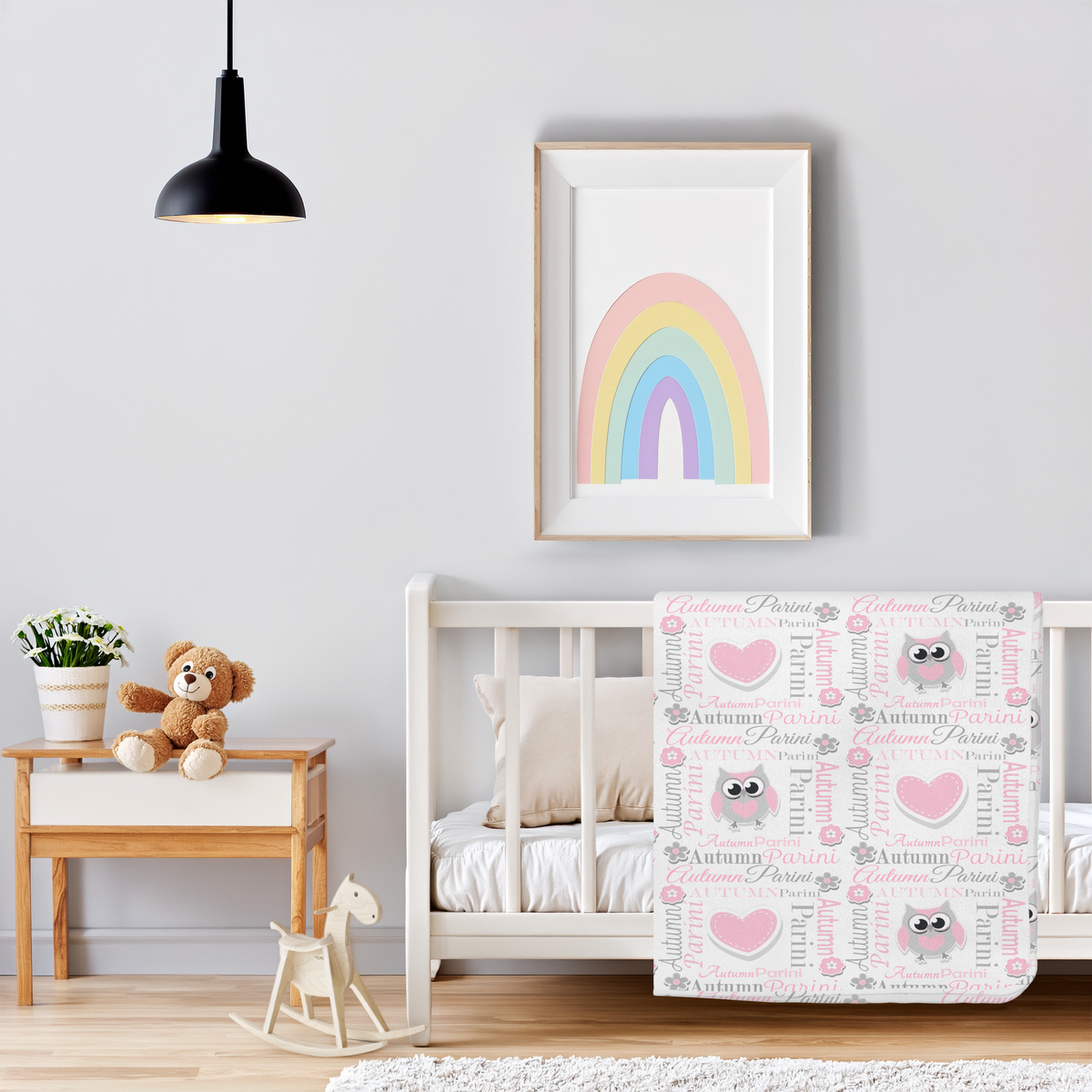 Personalized Baby Girl Blanket – Sweet Owl & Heart Name Design, Pink/Gray