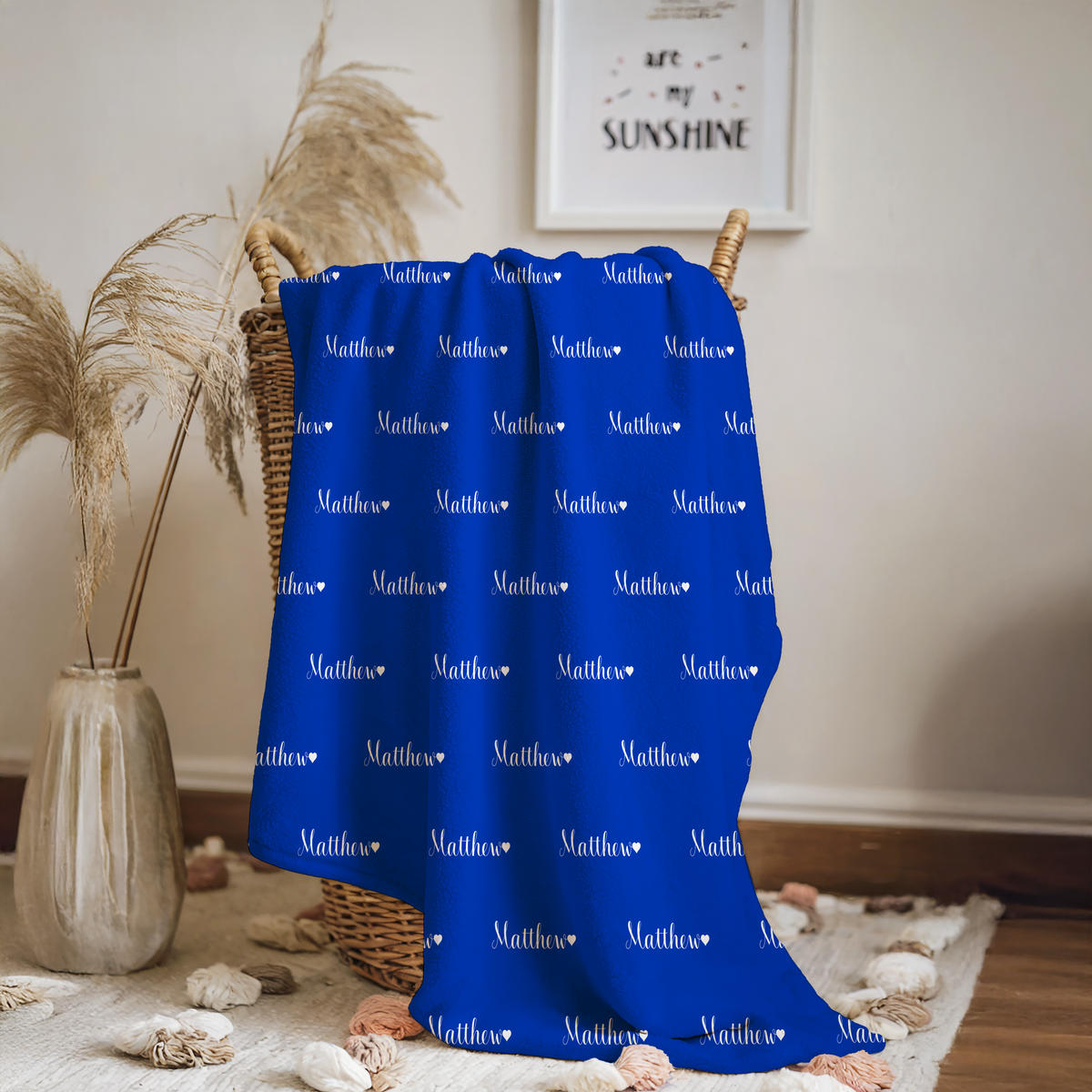 Newborn Name Blanket, Sweet Heart Baby Boy, Cobalt Blue