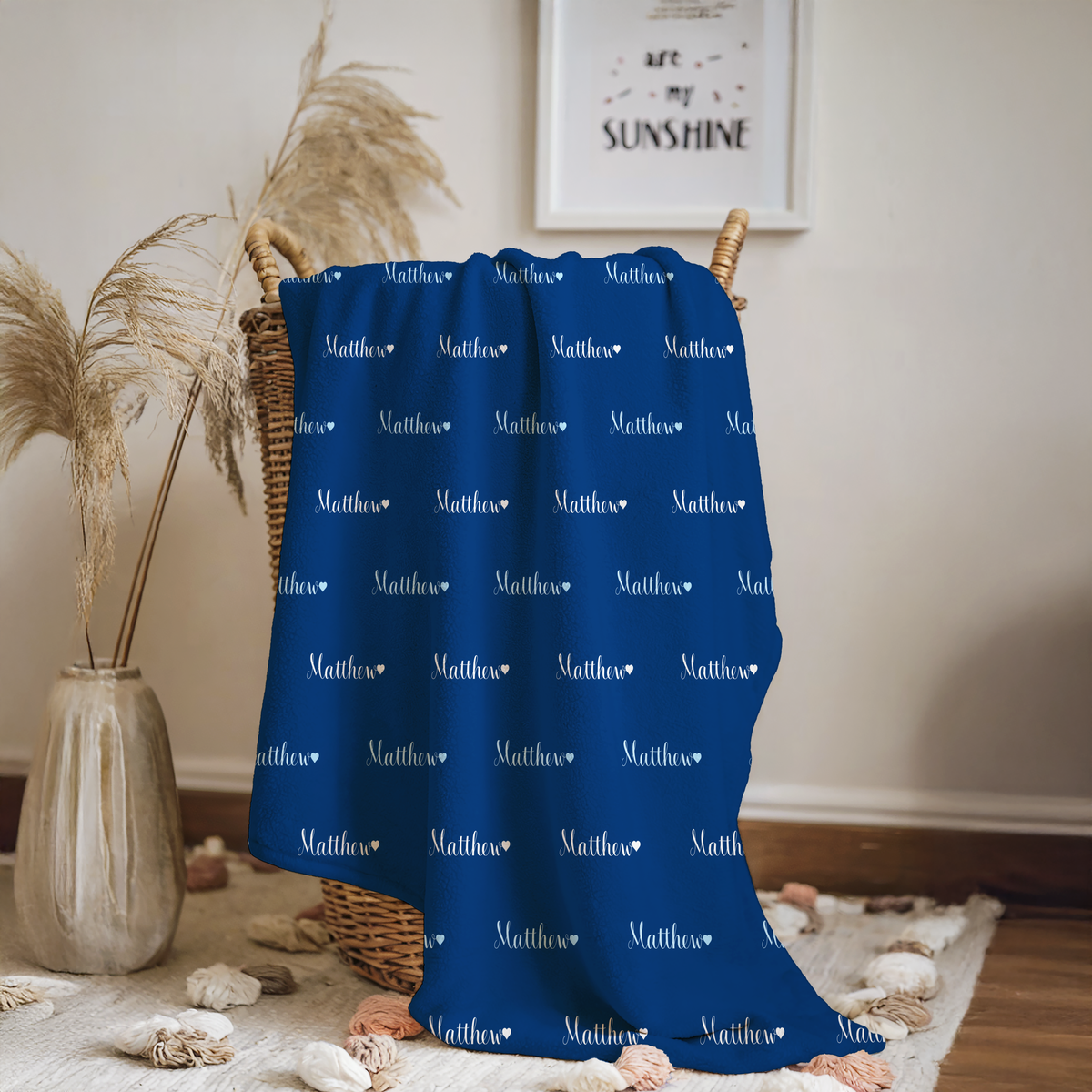 Newborn Name Blanket, Sweet Heart Baby Boy, Navy Blue/White/Sky Blue