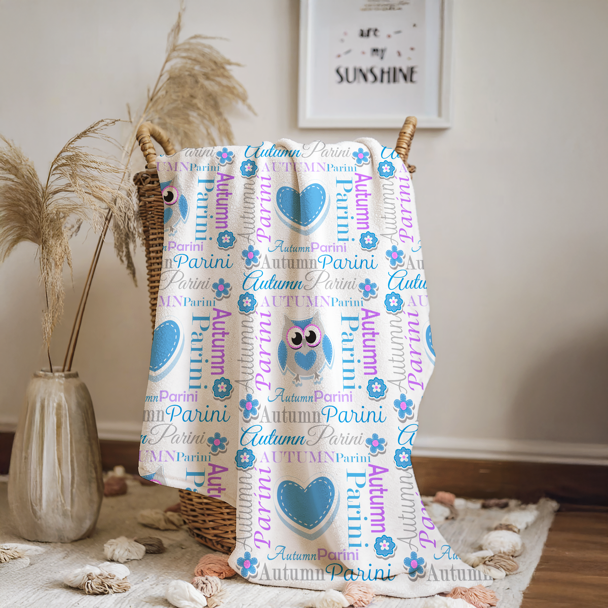 Personalized Baby Girl Blanket – Sweet Owl & Heart Name Design, Azure Blue/Bright Purple