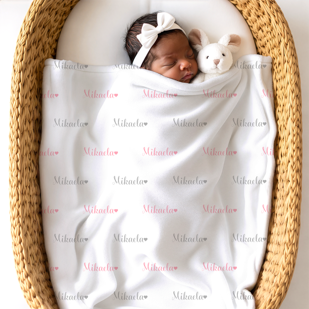 Newborn baby wrapped in a blanket with name printed on it, lying in a woven basket with a bunny toy.