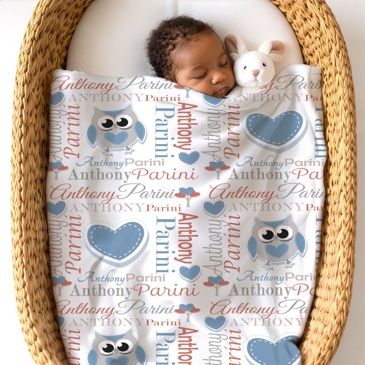 Personalized Baby Boy Blanket – Sweet Owl & Heart Name Design, Aqua/Gray