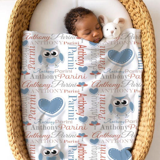 Personalized Baby Boy Blanket – Sweet Owl & Heart Name Design, Light Rust/Steel Blue