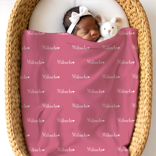 Newborn Name Blanket, Sweet Heart Baby Girl, Soft Rose/White