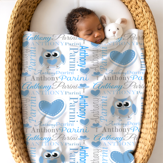 Personalized Baby Boy Blanket – Sweet Owl & Heart Name Design, Sky Blues