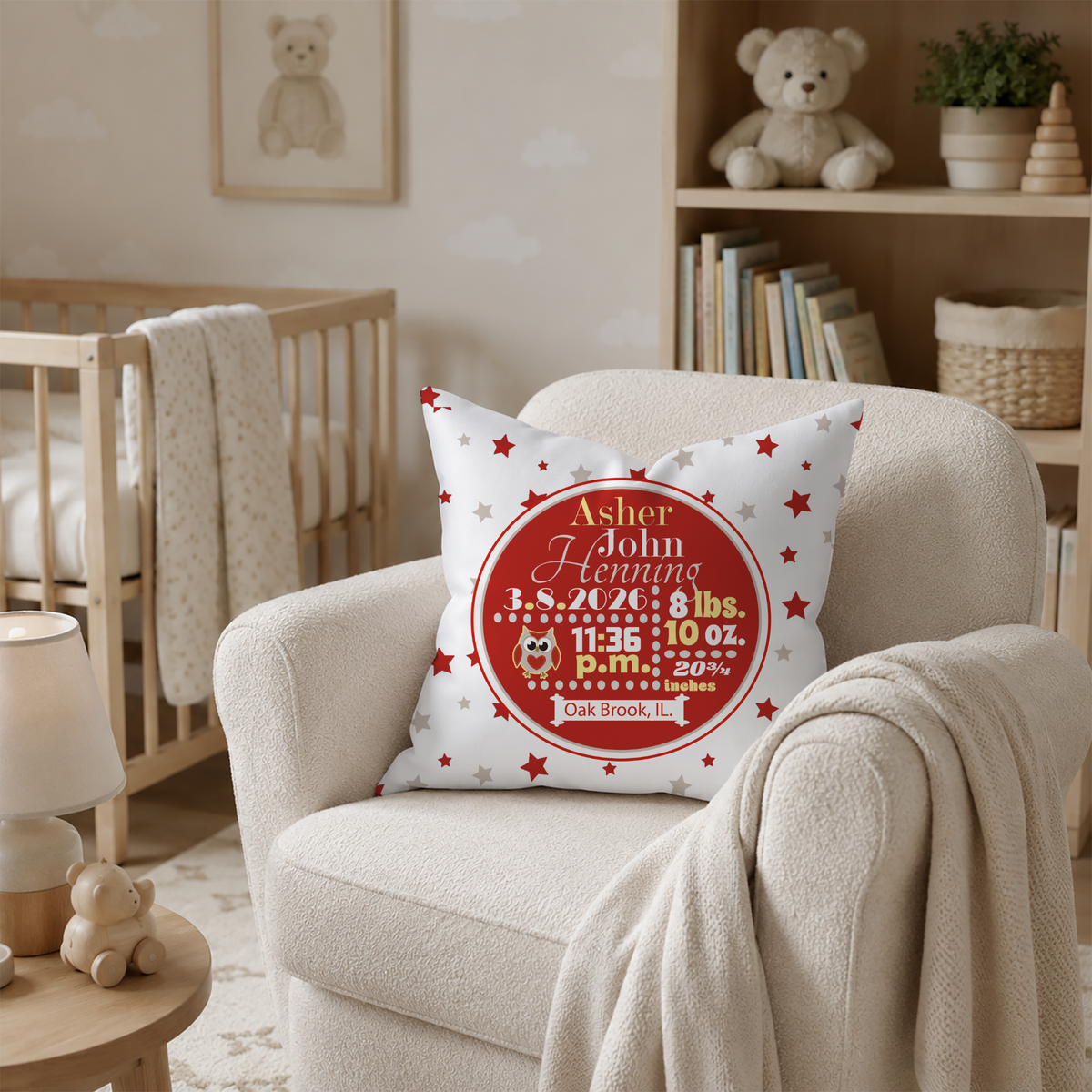 Personalized Baby Boy Birth Stats Pillow, Owl