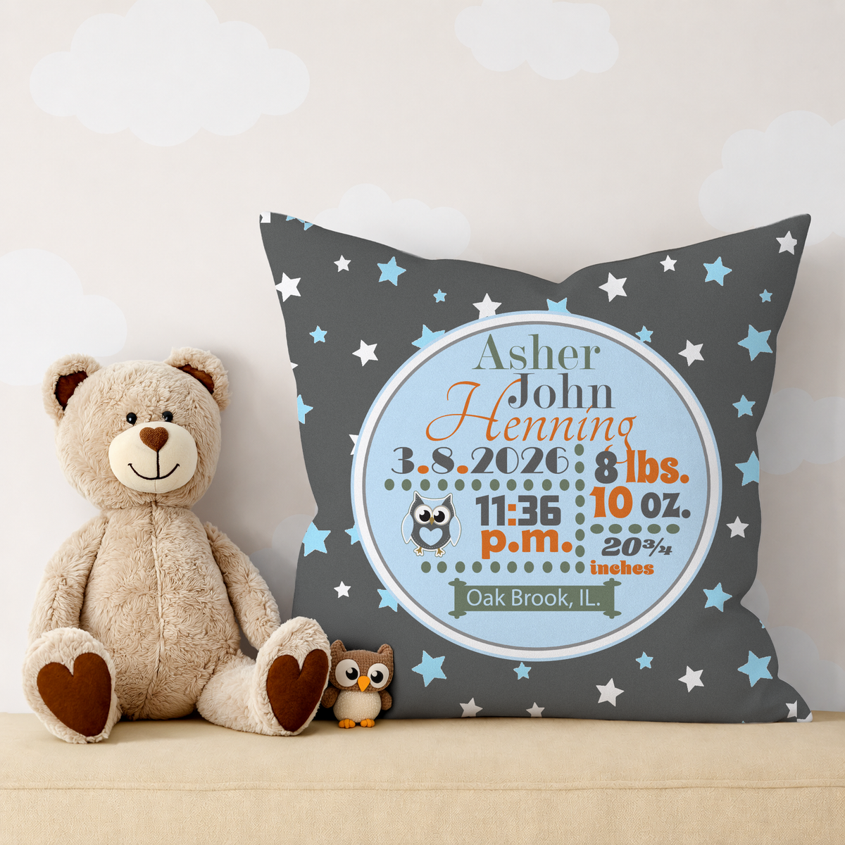 Personalized Baby Boy Birth Stats Pillow, Owl