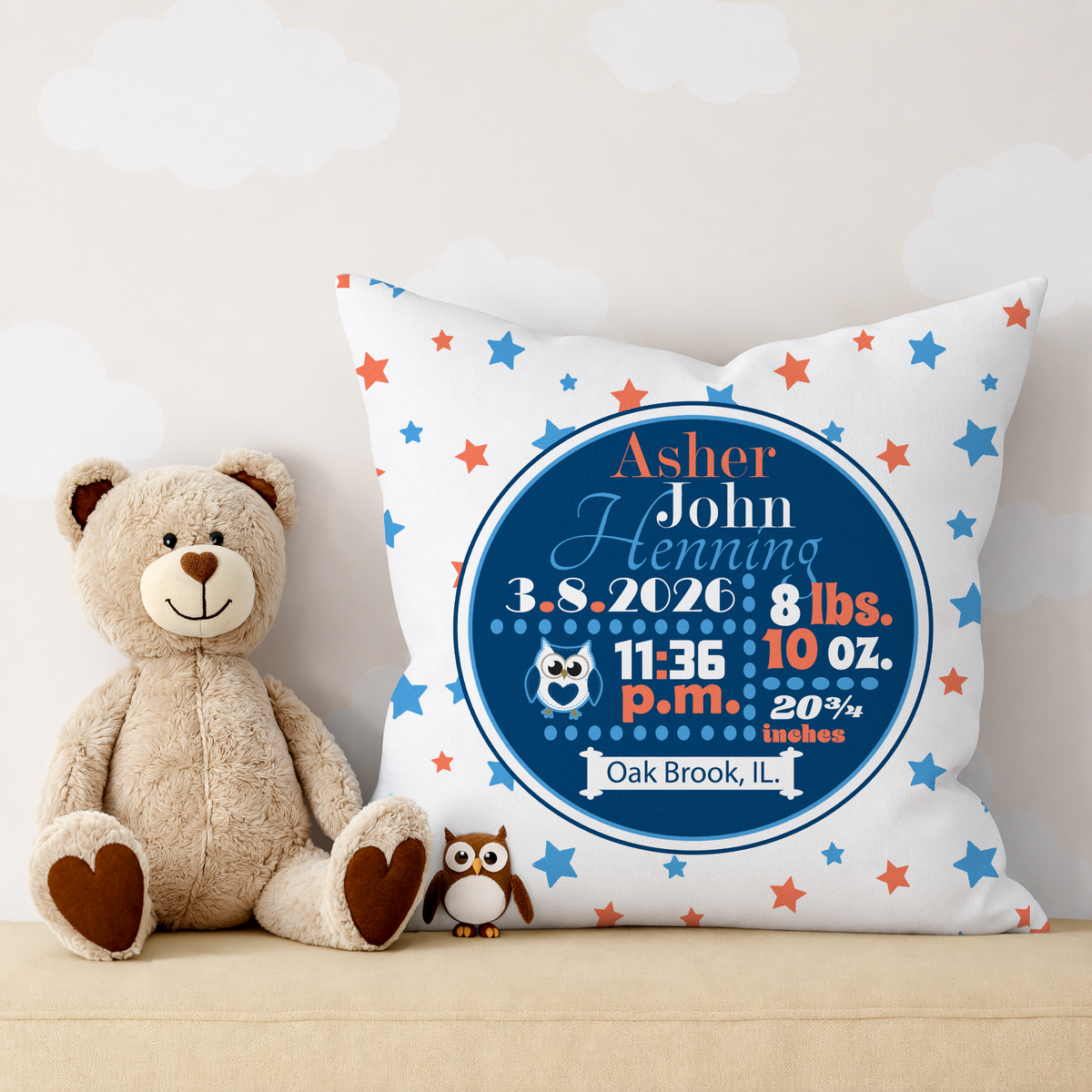 Personalized Baby Boy Birth Stats Pillow, Owl