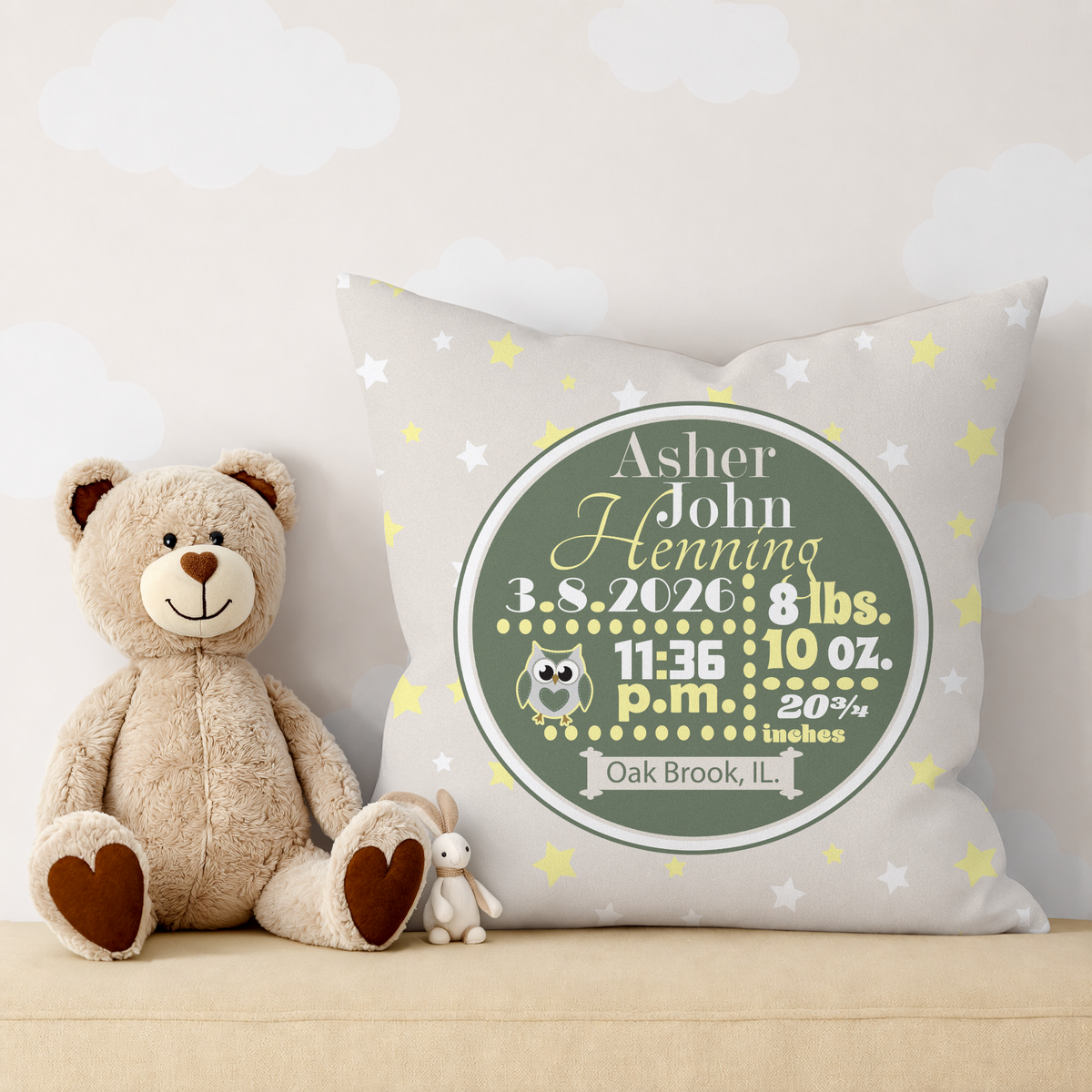 Personalized Baby Boy Birth Stats Pillow, Owl
