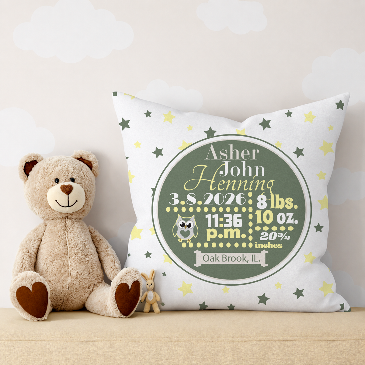 Personalized Baby Boy Birth Stats Pillow, Owl