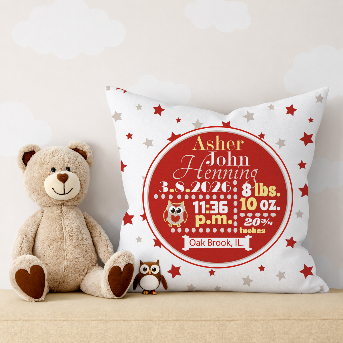Personalized Baby Boy Birth Stats Pillow, Owl
