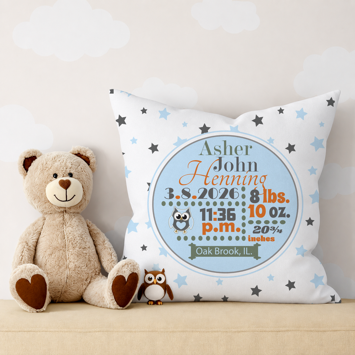 Personalized Baby Boy Birth Stats Pillow, Owl