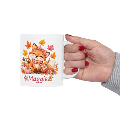 Fall Fox Mug for Kids, Custom Name Autumn Leaves Cup