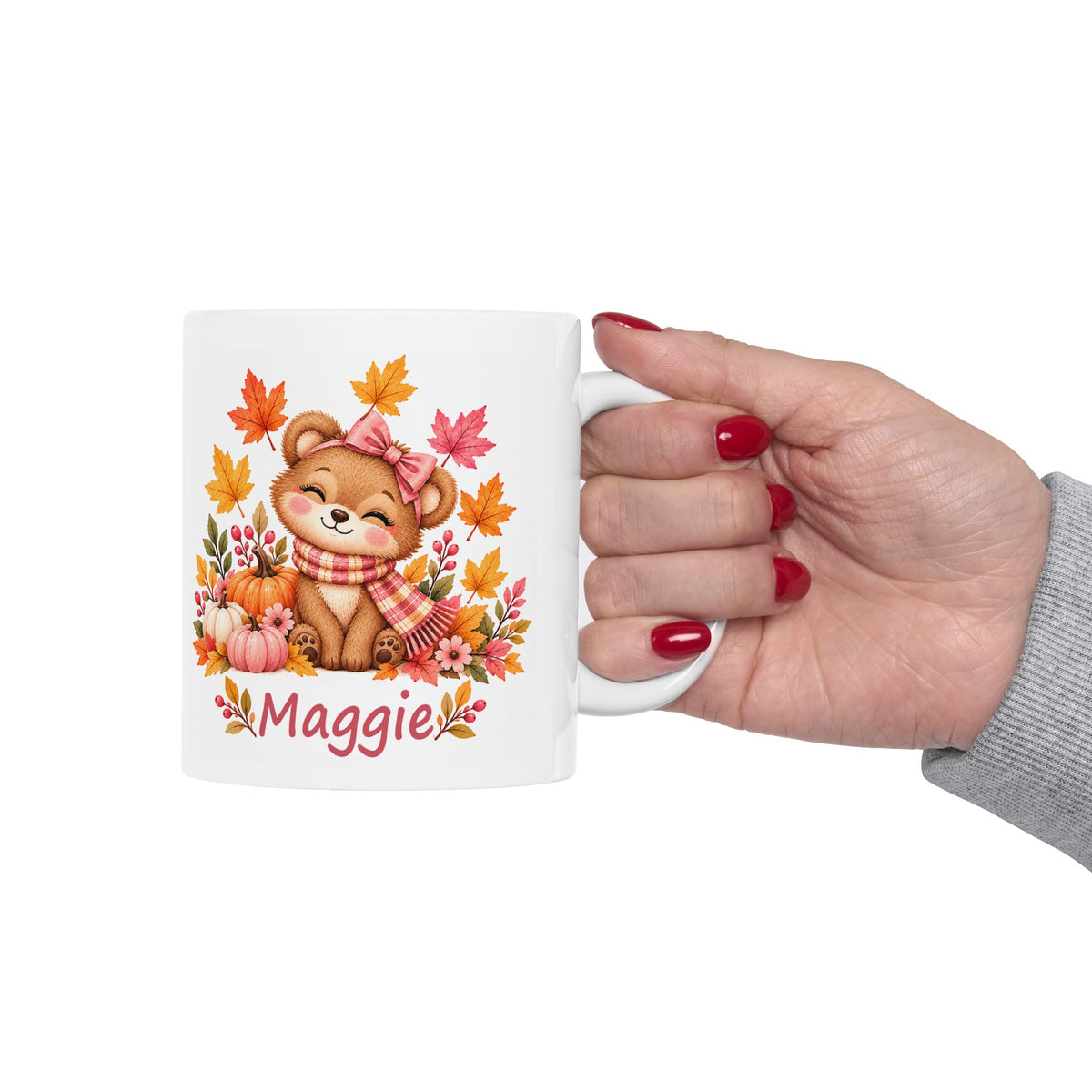 Custom Name Autumn Leaves Mug – Personalized Fall Bear Mug for Kids