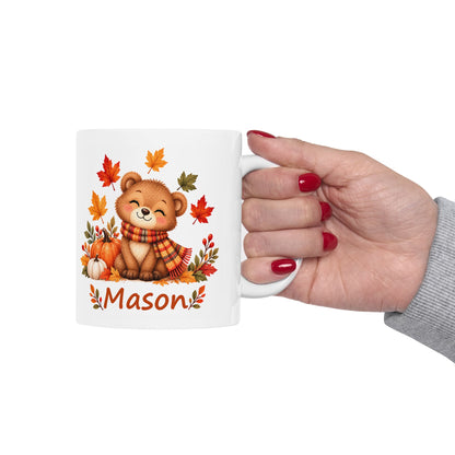 Personalized Fall Bear Mug for Kids – Custom Name Autumn Leaves Mug