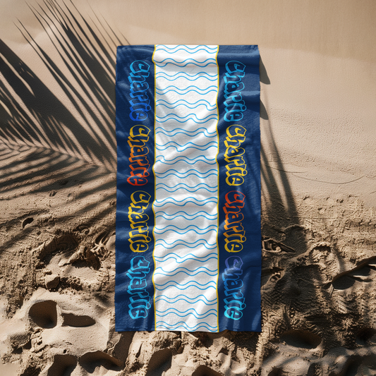 beach towel with graffiti lettering