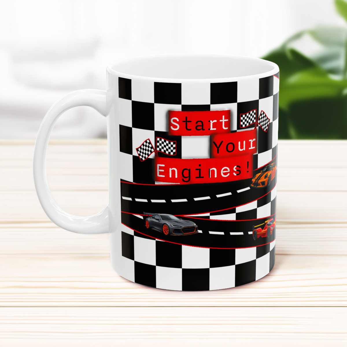 Mug with racing theme design featuring cars and text on a checkered background.