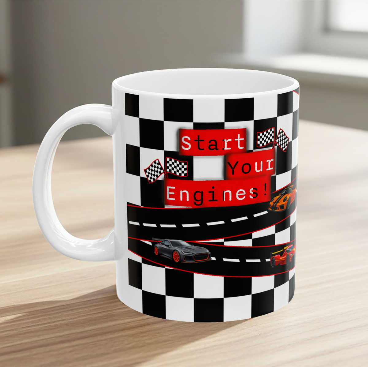 Mug with racing theme design on a wooden surface