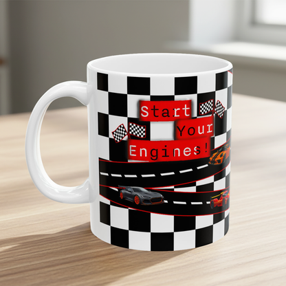 Mug with racing theme design on a wooden surface
