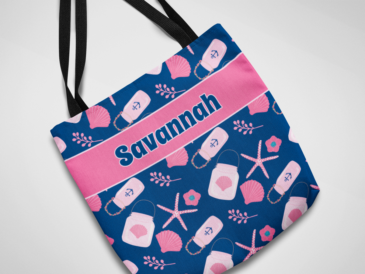 Nautical Tote Bag, Pink & Navy Seashells