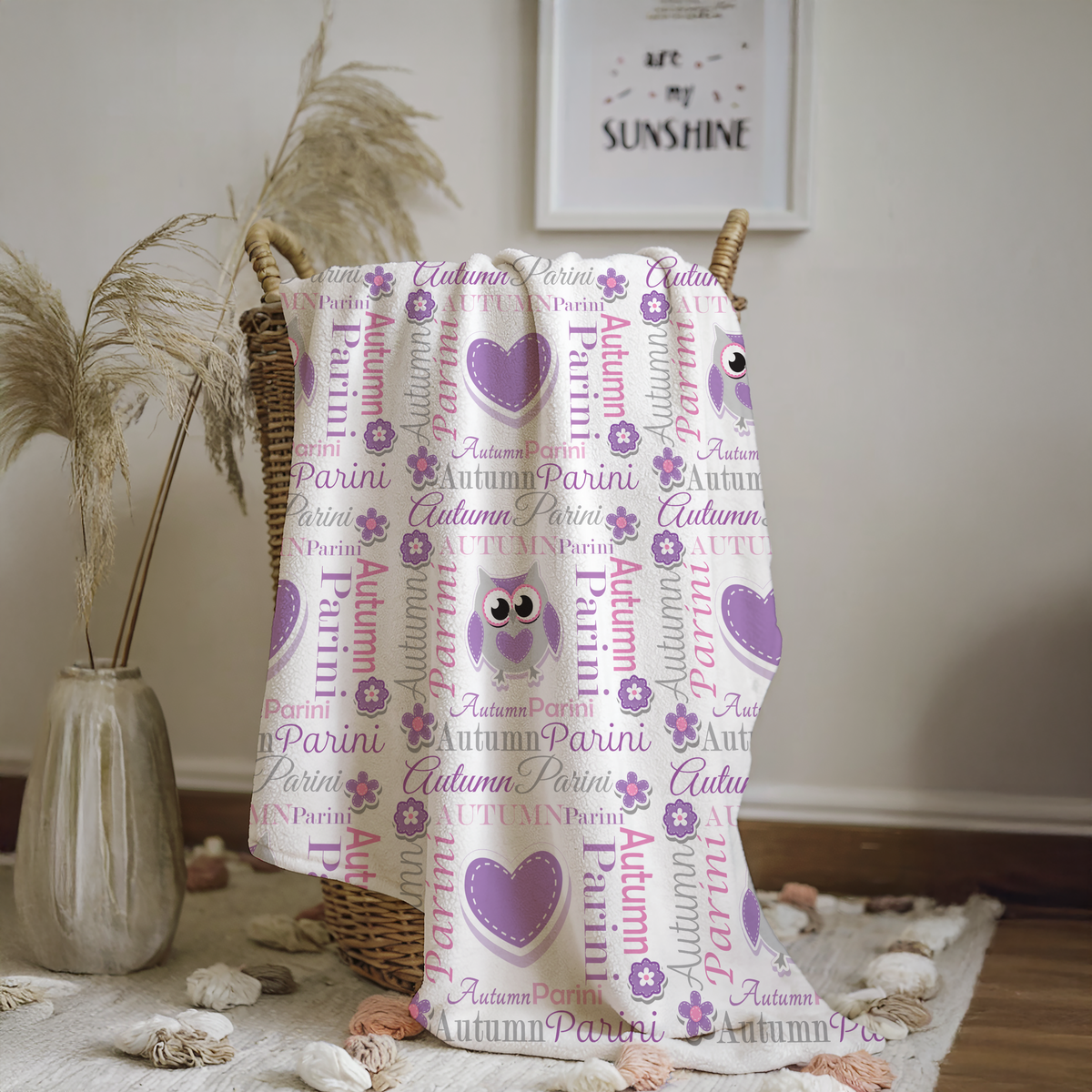 Personalized Baby Girl Blanket – Sweet Owl & Heart Name Design