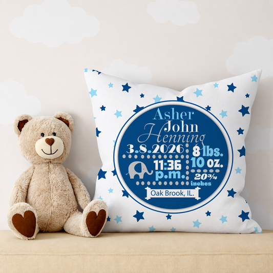 Personalized Baby Boy Birth Stats Pillow, Elephant