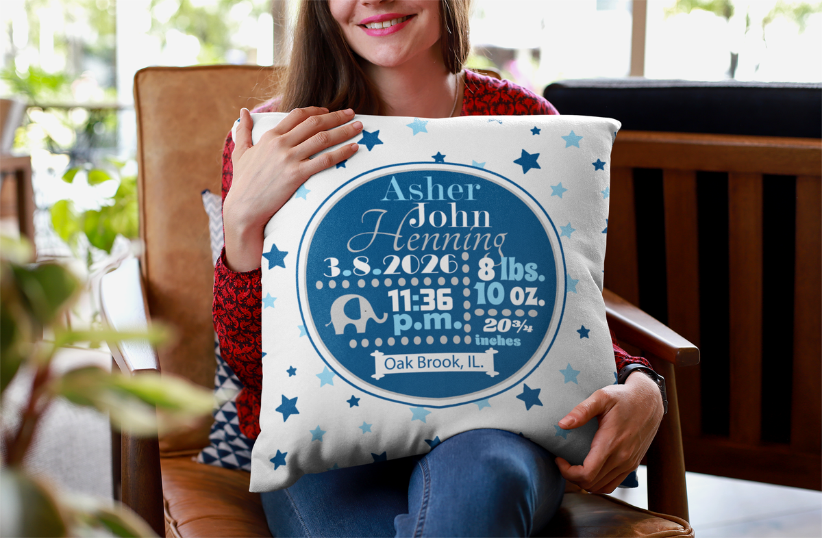 Personalized Baby Boy Birth Stats Pillow, Elephant