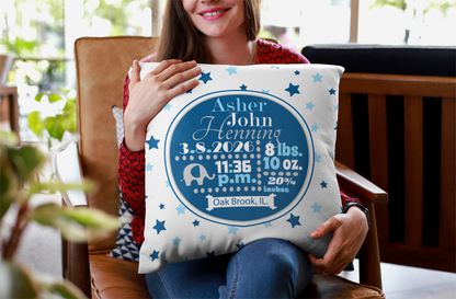 Personalized Baby Boy Birth Stats Pillow, Elephant